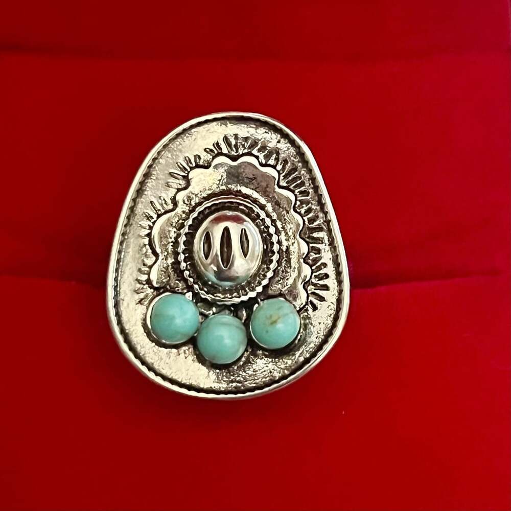Turquoise Cowboy Cowgirl Hat Titanium Steel Silver Statement Ring Size 6